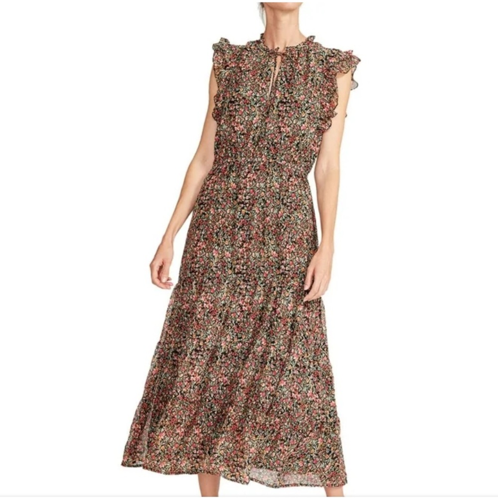 Elegant Ditzy Floral Print Maxi Dress Colorful Ruffle Sleeveless Summer Fall S